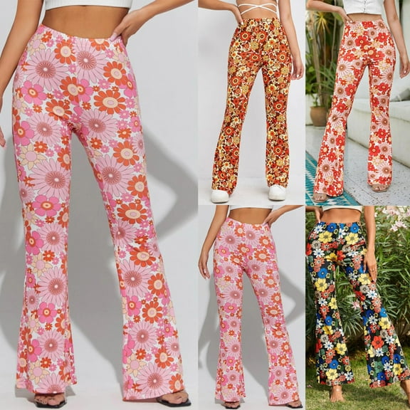 DDAPJ pyju Women's High Waisted Bootcut Yoga Pants Boho Floral Print Flared Casual Trousers Pink M