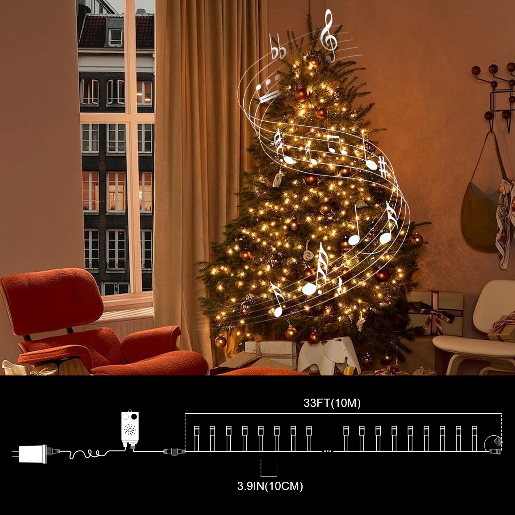 LAMPHOME 33ft Music Christmas Mini Lights (Green Wire),100 LED Fairy Starry String Light Plug in for Indoor Outdoor Xmas Tree Wedding Party Decoration (Warm White)