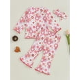 thumbnail image 5 of Toddler Kids Girl Fall Outfits 12 18 24 Months 2T 3T 4T 5T Flower Print Crew Neck Long Sleeve Tops Flare Pants Headband 3Pcs Clothes Set, 5 of 9