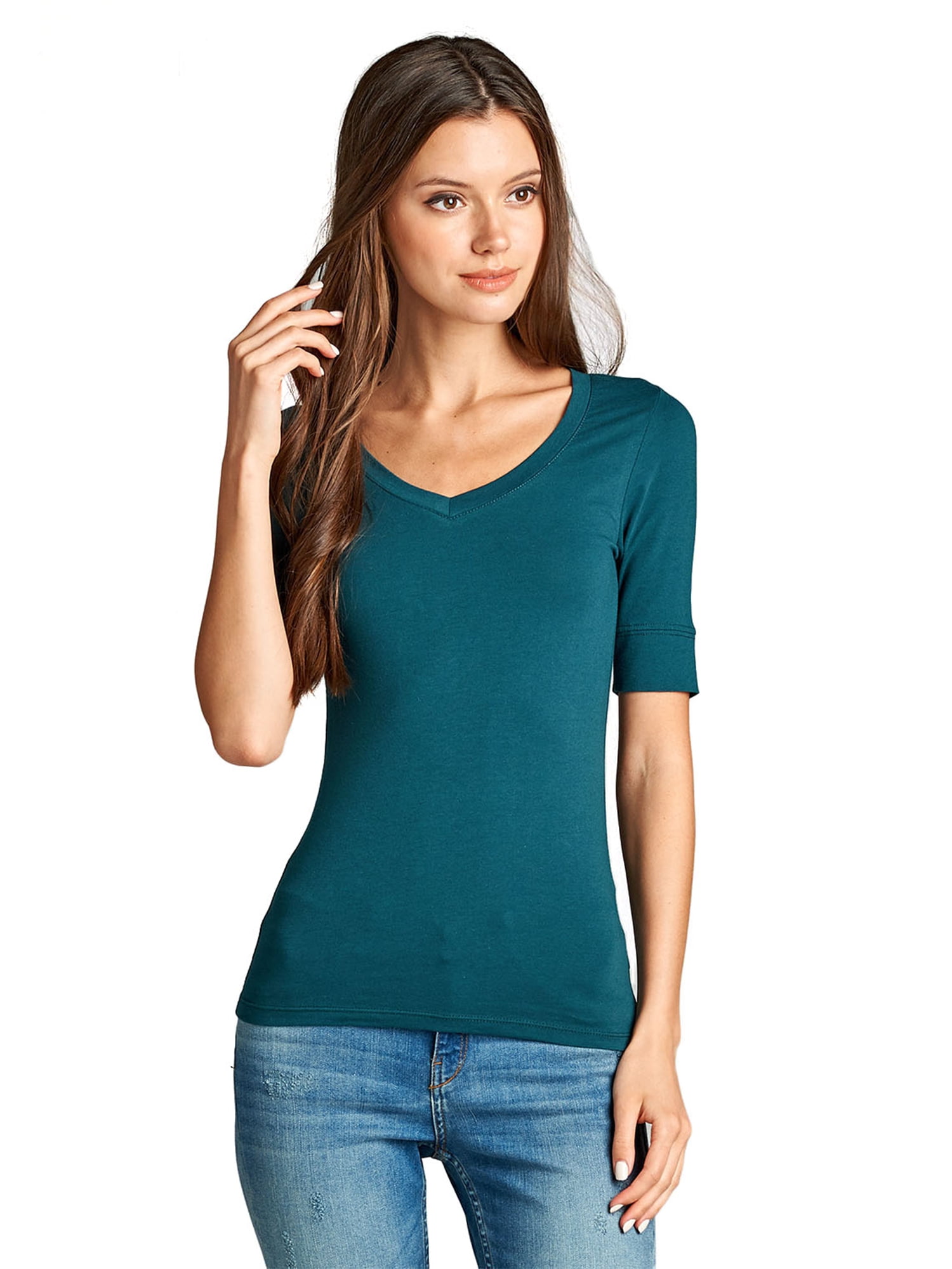 Essential Basic Women's Cotton Blend V Neck Tee Shirt Half Sleeves ...