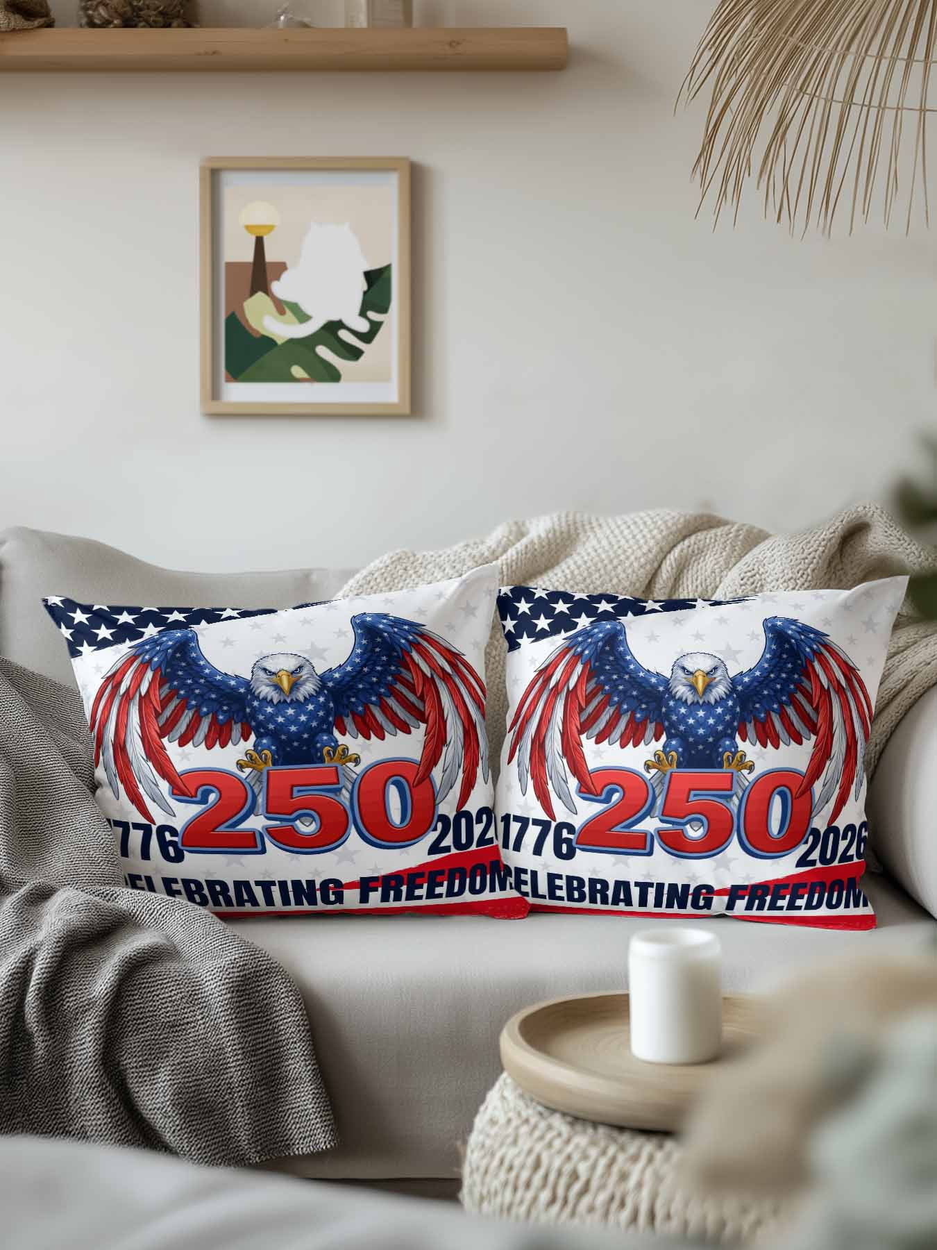 1 Pack Outdoor Throw Pillow, 250 Year American Anniversary Flag Waterproof Pillow with Insert Included, Eagle Red Blue Decorative Accent Cushion Sofa Pillows for Patio Porch, 16 x 16 In