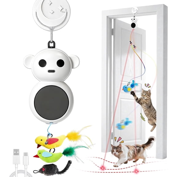 CATPICK Interactive Cat Toy, 2-in-1 Automatic Laser & Feather Wand, Door Hanging Self Play Toy, Fast & Slow Modes, USB Rechargeable for Kittens White