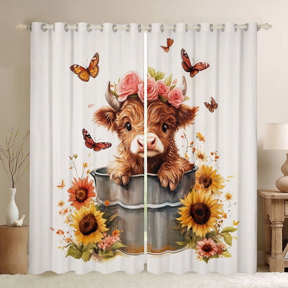 jejeloiu Highland Cow Sunflower Black Out Curtains Kids,Floral Farm Print Curtains Pack of 2 (42x63 Each)