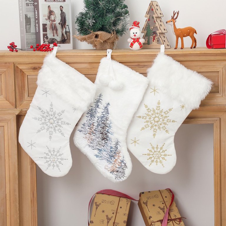 Tokforty 12 Pack Felt Christmas Stockings, 19 Inches Grey and White  Christmas Stockings Hanging Ornaments, White Cuff with Gold Trim Christmas