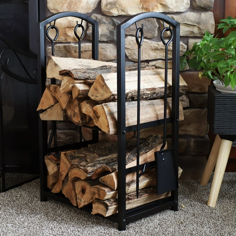 Sunnydaze 5pc Indoor Outdoor Steel Log Holder with Fireplace Tool