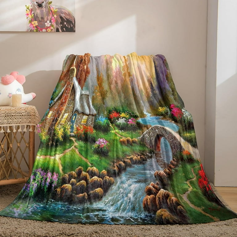 Oil Painting Blanket Country House Colorful Flowers Floral Decor Gifts for Women Kids Girls Art Decoration for Halloween Thanksgiving Presents Soft