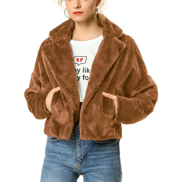 Chaqueta corta de pelaje sintético esponjoso de manga larga con cuello de muesca para mujer INSPIRE CHIC XS Caramelo