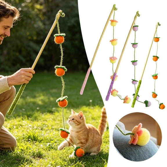 Natural Wood Cat Wand Toy with Fruit Plush Charms and Bell, Interactive Teaser Stick for Indoor Cats, Lightweight Durable Fishing Pole Toy for Kittens(Purple)