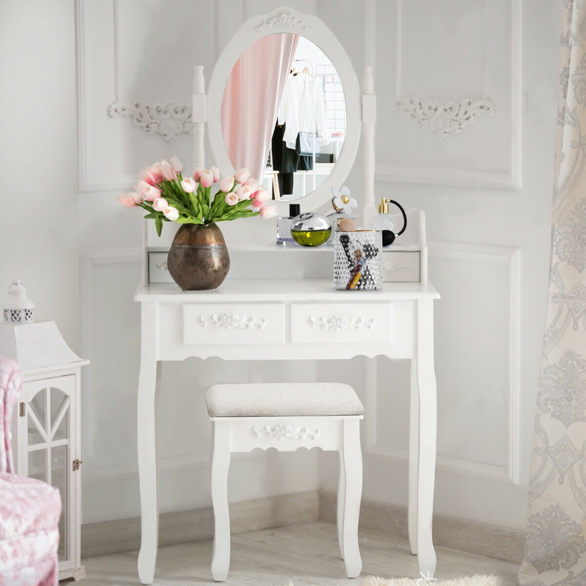 Floral Design Vanity Makeup Dressing Table Set w/ Stool 4 Drawer Wood Desk White 