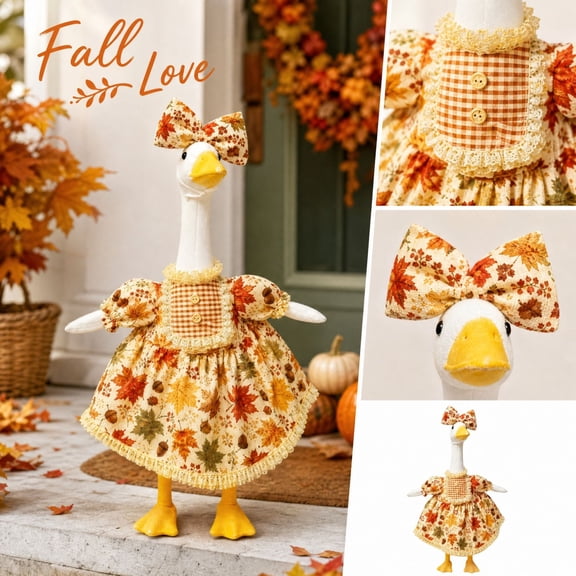 Large Porch Goose Statue with Fall Maple Leaf Dress and Bow, Festive Outdoor Goose Decoration for Front Yard Display, Thanksgiving Porch Goose Outfit, 1 Set
