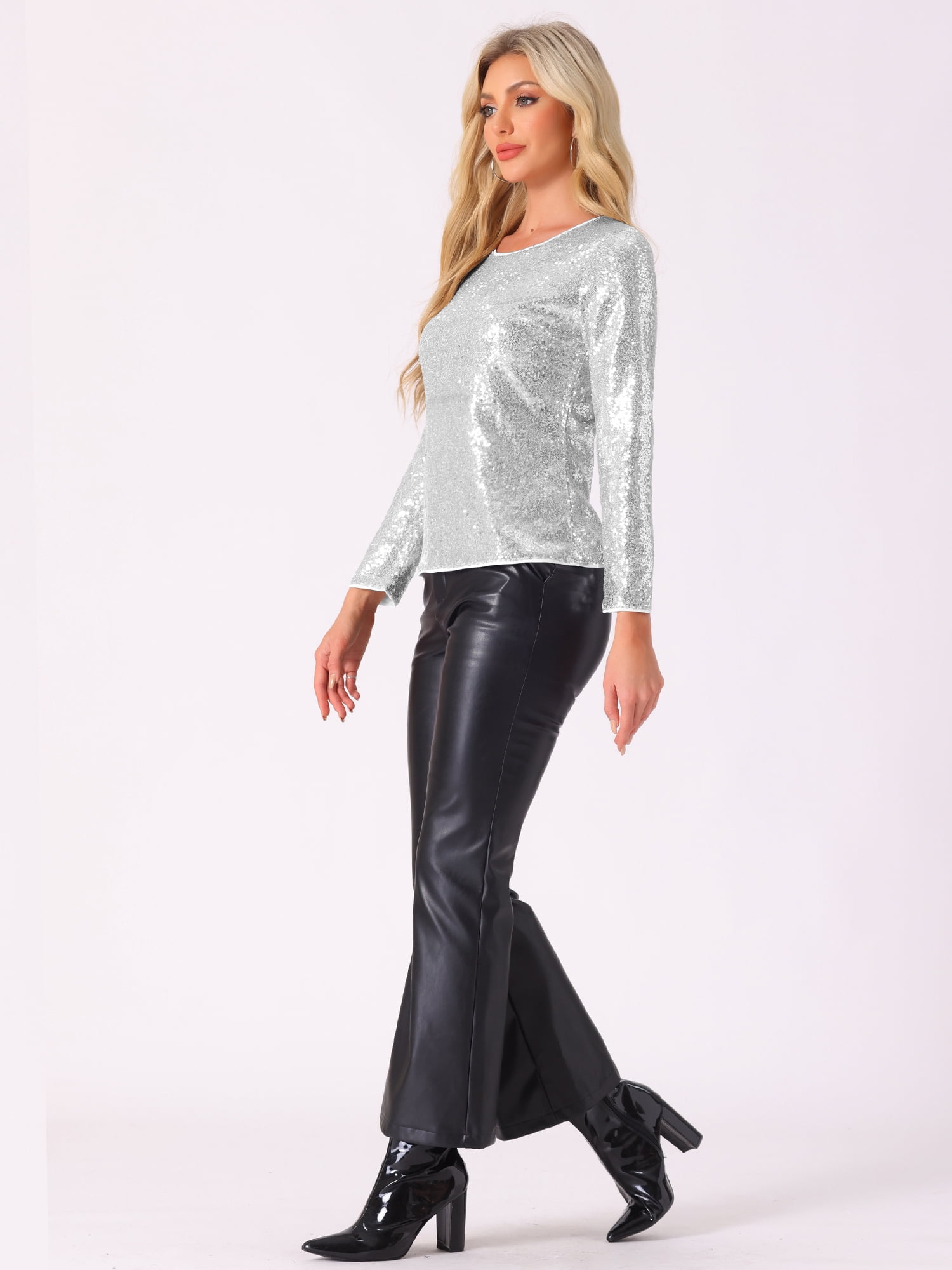 DARING DIVA Women's Round Neck Long Sleeve Shiny Sparkly Blouse XS Silver