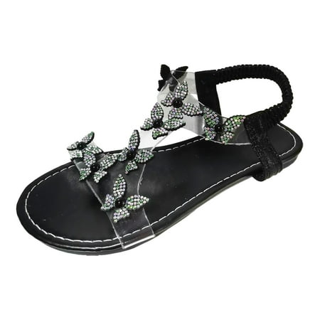 ZHAGHMIN Womens Leather Sandals Size7 Ladies Summer Rhinestone Butterfly Flat Bottom Transparent Large Size Thong Sandals Elastic Band Beach Sandals Black