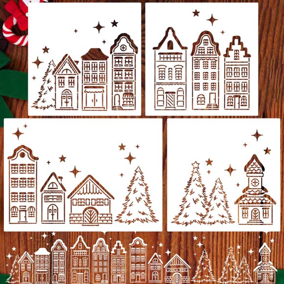 Plantillas navideñas Zosylley, 4 unidades, Xmas Village, 35 x 25 cm