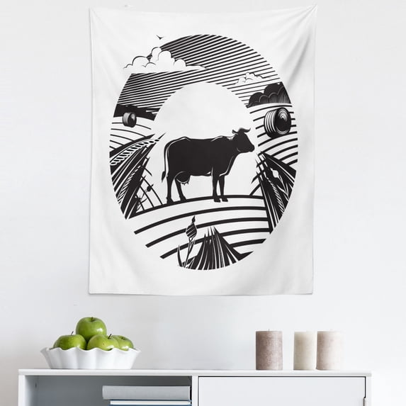 Cattle Tapestry, Rural Landscape with a Cow Standing on Field Under Cloudy Sky Digital Image, Fabric Wall Hanging Decor for Bedroom Living Room Dorm, 5 Sizes, Black and White, by Ambesonne