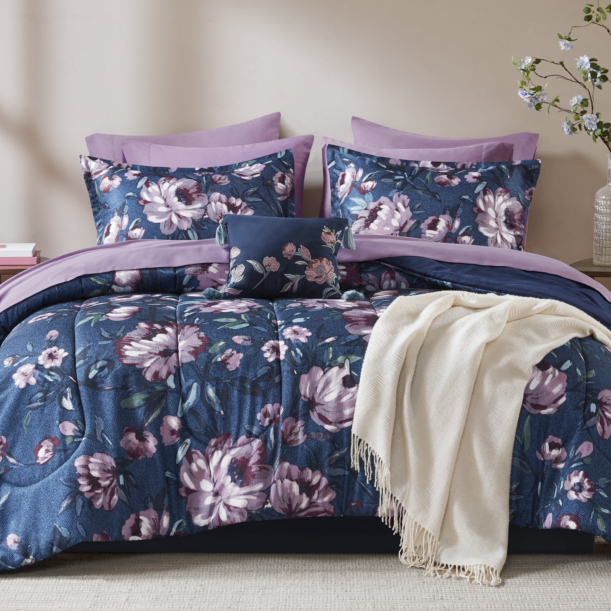 Mainstays All in One Reversible Comforter and Sheet set- 11 Piece, Queen, Navy Floral