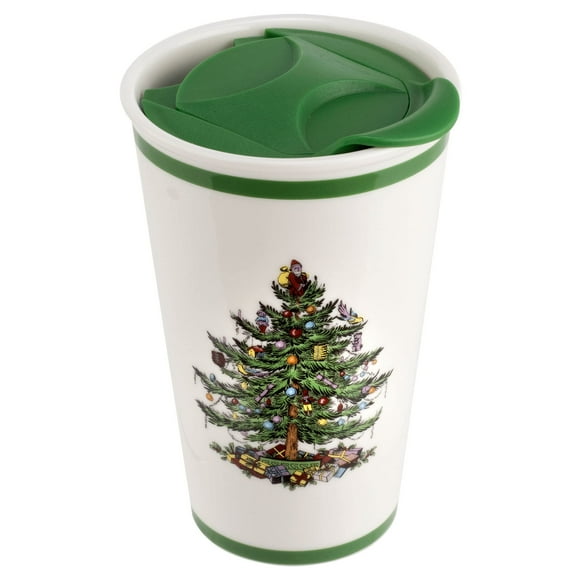 Spode Christmas Tree Travel Mug with Lid - 8 Oz Coffee Mug for Holiday Drinks, Dishwasher & Microwave Safe Ceramic Tumbler - Festive Christmas Design for On-The-Go (Christmas Tree)
