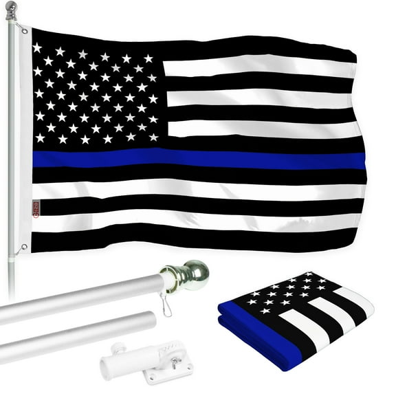 G128 - 6 Feet Tangle Free Spinning Flagpole (Silver) Thin Blue Brass Grommets Printed 3x5 ft (Flag Included) Aluminum Flag Pole