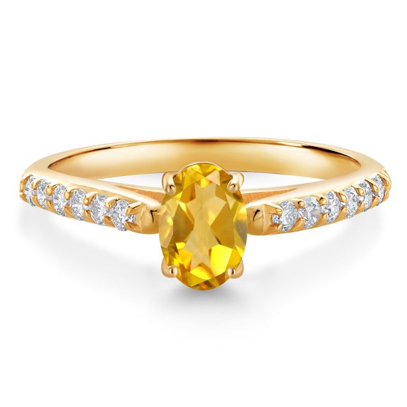 Gem Stone King 10K Yellow Gold Yellow Citrine and White Lab Grown Diamond Engagement Ring for Women (0.93 Cttw, Oval 7X5MM, Gemstone November Birthstone, Size 6)