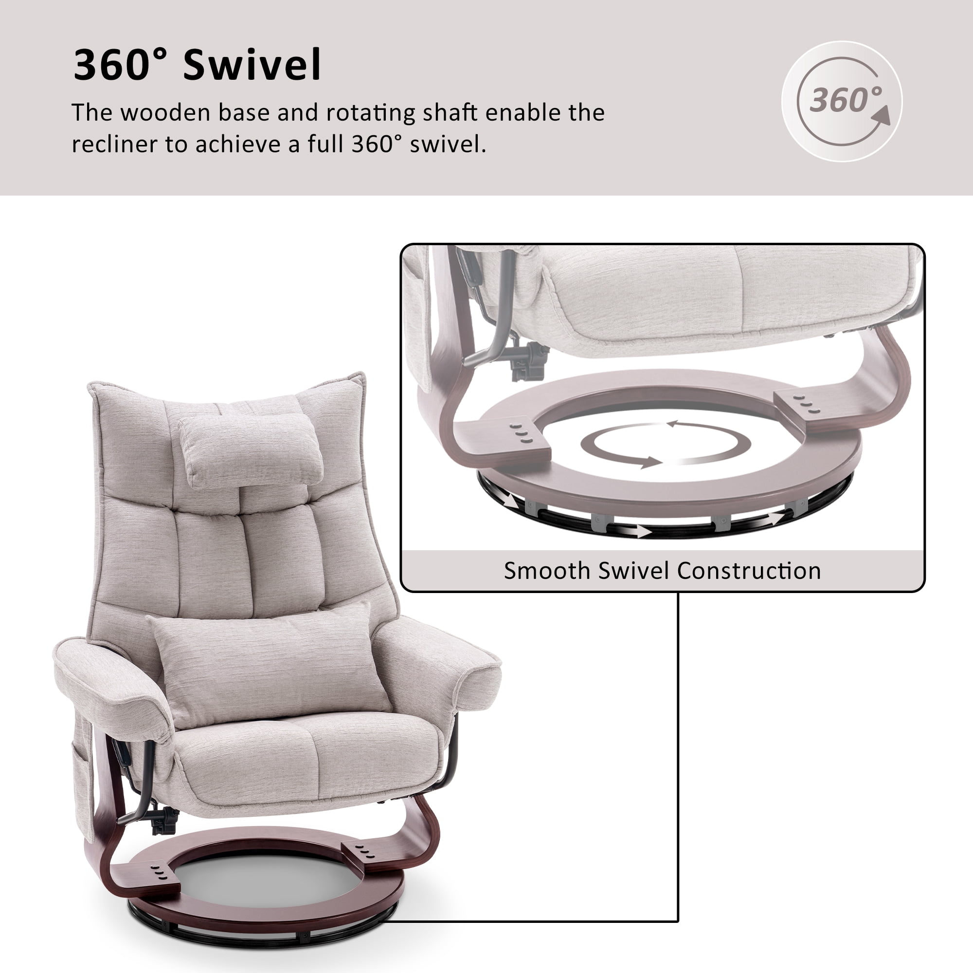 Mcombo Swivel Recliner with Ottoman, Massage TV Chairs with Neck Pillow and Side Pocket for Living Reading Room, Chenille Fabric 4188