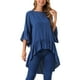 thumbnail image 4 of INSPIRAR CHIC Blusas Asimétricas de Mujer con Mangas de Campana 3/4, Cuello Redondo, Espalda con Abertura, Casual, con Volantes, Color Azul Oscuro, 4 of 6