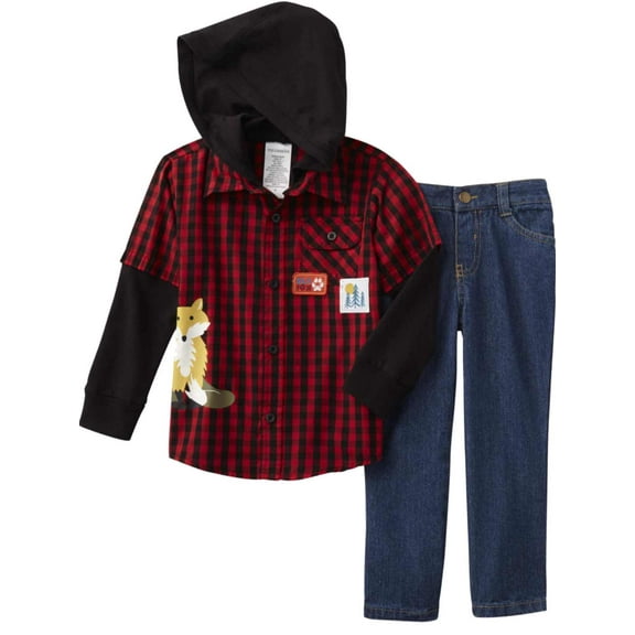 Infant Boys 2 Pc Outfit Red & Black Plaid Sly Fox Hoodie Top & Jean Pants Set