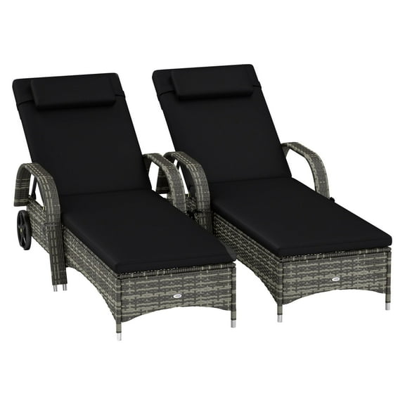 Chaise Lounge Chairs Set of 2, Rolling Outdoor Patio Loungers with Cushion, Pillow, Black