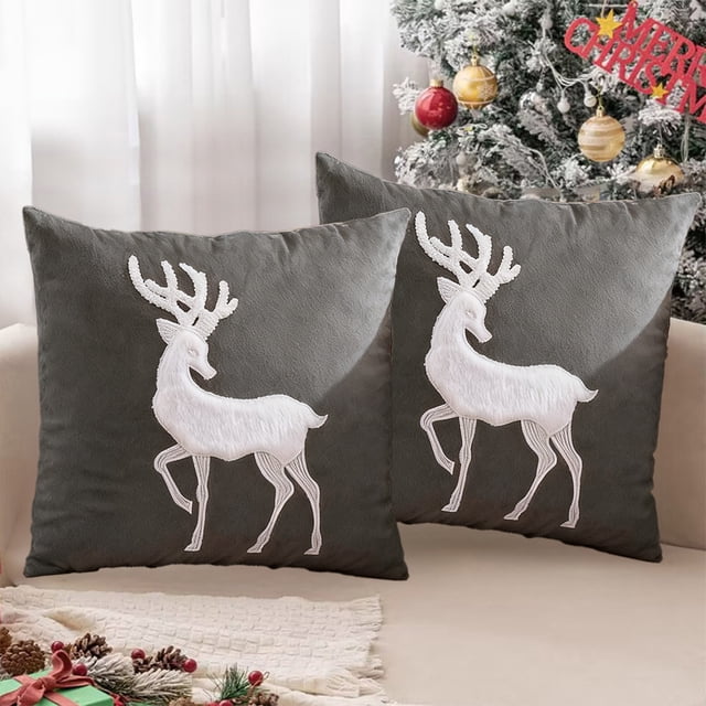 Funda de Almohada Navideña Gris Bordada de 45 X 45 Cm | Funda de Almohada Decorativa para Las Fiestas de Invierno | Decoración para Sofás | 1 Unidad | Relleno de Plumón