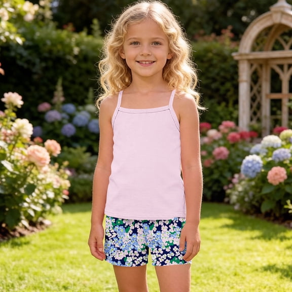 ITSAME Girls Summer Outfits 2-Piece, Shoulder Strap Tank Tops and Printed Shorts Comfort Loungewear Set Pink Size 13-14