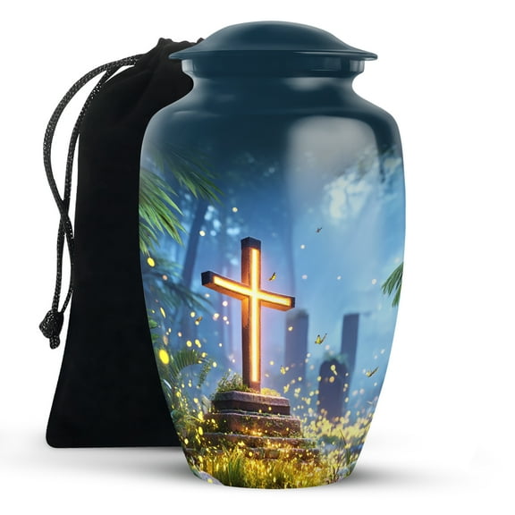 KARYLIZ Jesus Cross Cremation Large Funeral Urns For Adult Ashes Women - Cross Midnight Blue Urns For Human Ashes Adult Man - Forest Burial Urn For Male Female