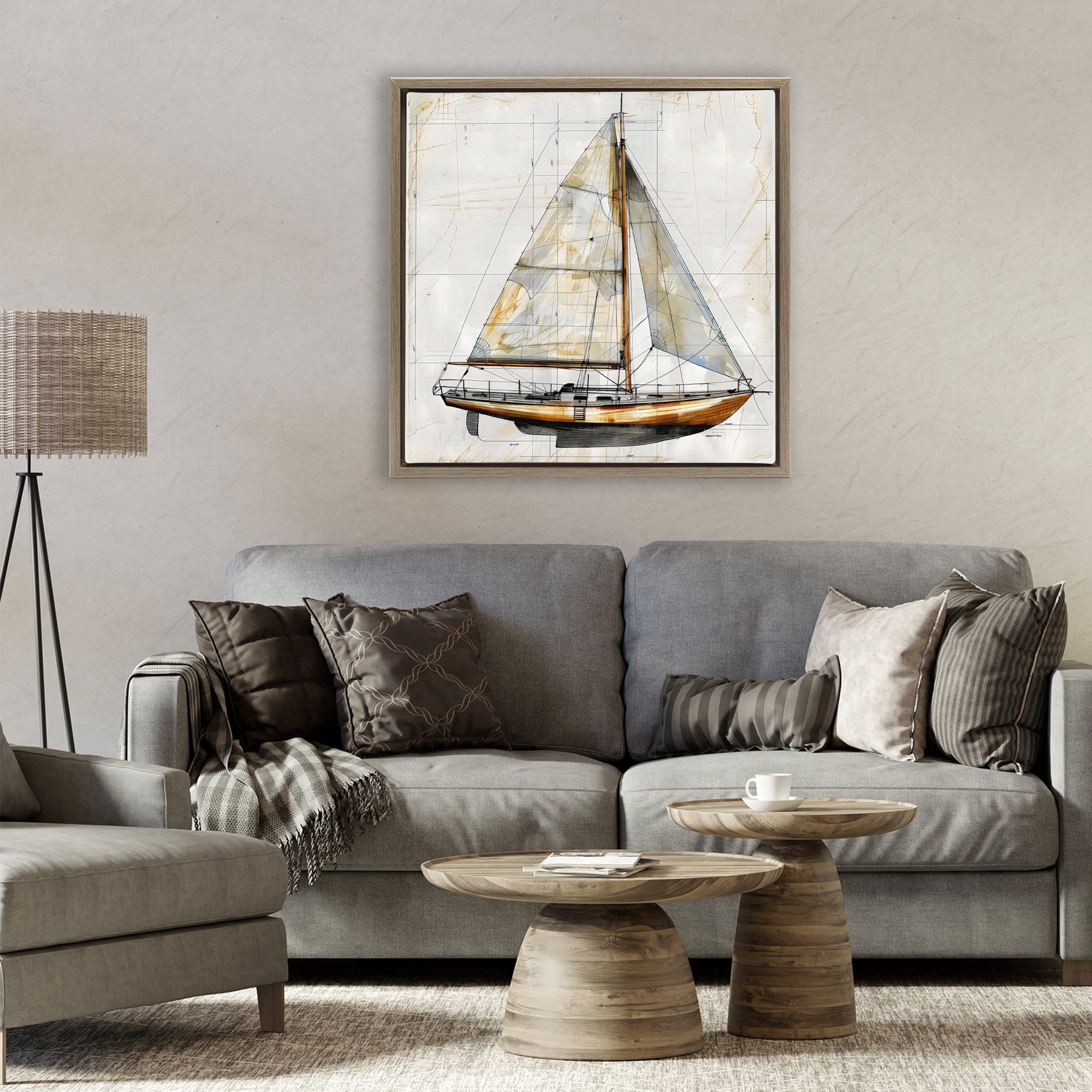 Stupell Industries Vintage Sailboat Drawing Blueprint Brown Framed Floater Canvas Wall Art, design by Creative Studio