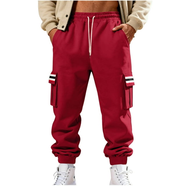 Lovzfmll Joggeurs en Molleton à Rayures Rétro pour Hommes, Base de Couleur Unie, Taille à Cordon, Poches pour Chaleur Rouge, m