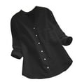 thumbnail image 3 of QHWAUAKFBN T Shirts For Women Loose Fit Cotton Linen Solid Long Sleeve Shirt Blouse Button Down Tshirts Top, 3 of 4