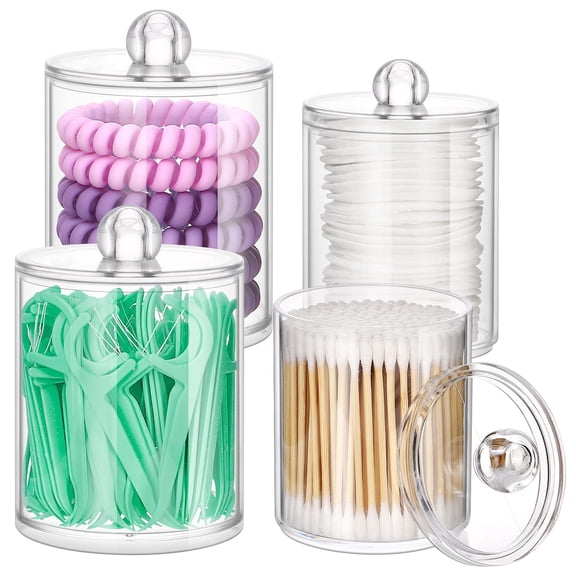 4 Pack 10oz,12oz Clear Plastic Apothecary Jars Set - Restroom Bathroom Makeup Organizers Containers for Cotton Ball/Swab/Round Pads,Floss,Hair Ties,Bath Salt