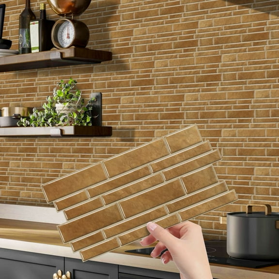 12Piece Self Adhesive Brown Marbling Tiles Stickers Waterproof 4.72 x 9.68inch DIY Wall Decals Peel and Stick Kitchen Backsplash Mosaic Decor