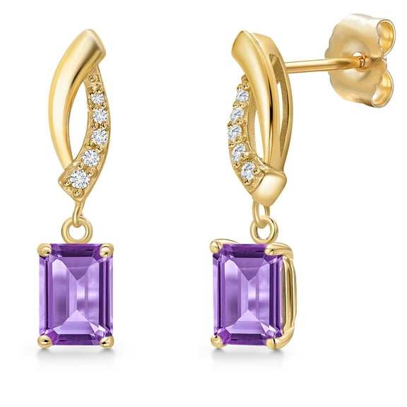 Gem Stone King 14K Yellow Gold Purple Amethyst and Lab Grown Diamond Earrings for Women | 1.09 Cttw | Gemstone February Birthstone | Emerald Cut 6X4MM