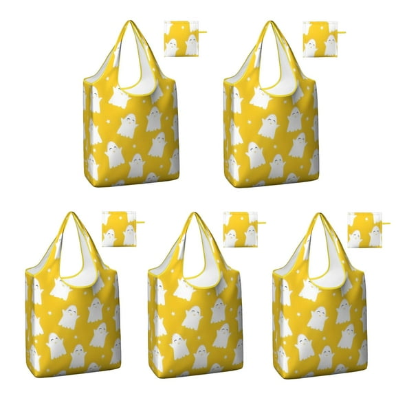 5 Pack Foldable Shopping Bag,Happy Halloween Ghost Pattern Reusable Grocery Bags with Pockets,Large Reusable Tote Bags with Handles Waterproof & Lightweight