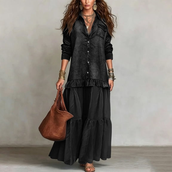 Blmnix Peplum Womens Dresses Western Dress Button Down Wrap Dress Petticoat Black Collared Long Sleeve Maxi Adaptable Casual Summer Dresses for Women L