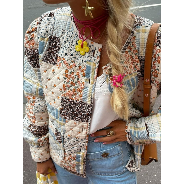 Shunvnny Women Open Front Puffer Jacket Retro Floral Print