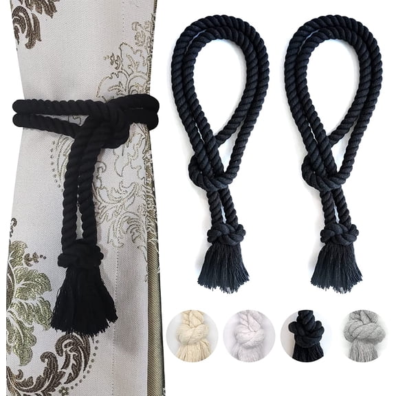 2 Pack Curtain tiebacks Rope, Outdoor Curtain Tiebacks, Natural Cotton Curtain Ties, Village Rural Rustic Farmhouse Curtain Holdbacks Curtain tie Backs Holders for Heavy Duty Drapes, Black