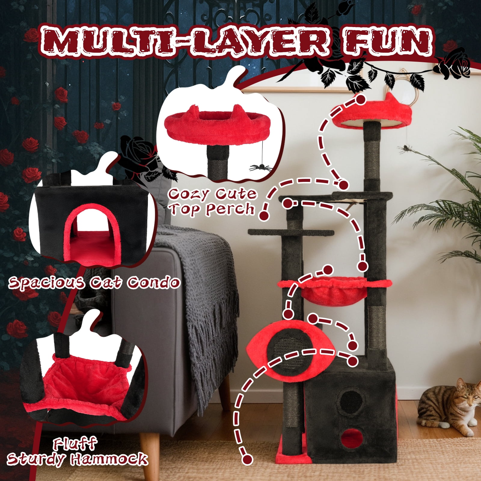 Tcbosik Cat Tree for Indoor Cats, 53 inch Cat Tower with Condo, Hammock and Padded Perch, Halloween Cat House with Scratching Post and Hanging Toy, Black & Red