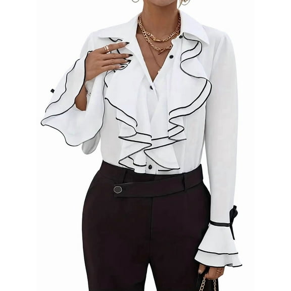 2025 Spring and Autumn Women'S Solid Color Casual Ruffled Trumpet Sleeve Shirt Tops White XXL