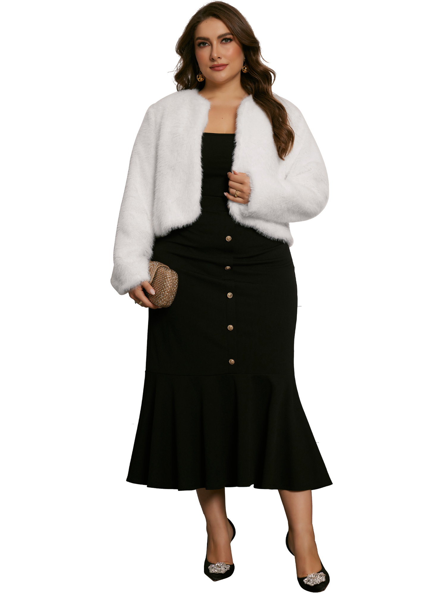 DARING DIVA Women's Plus Size Faux Fur Long Sleeve Open Front Winter Coat 1X White