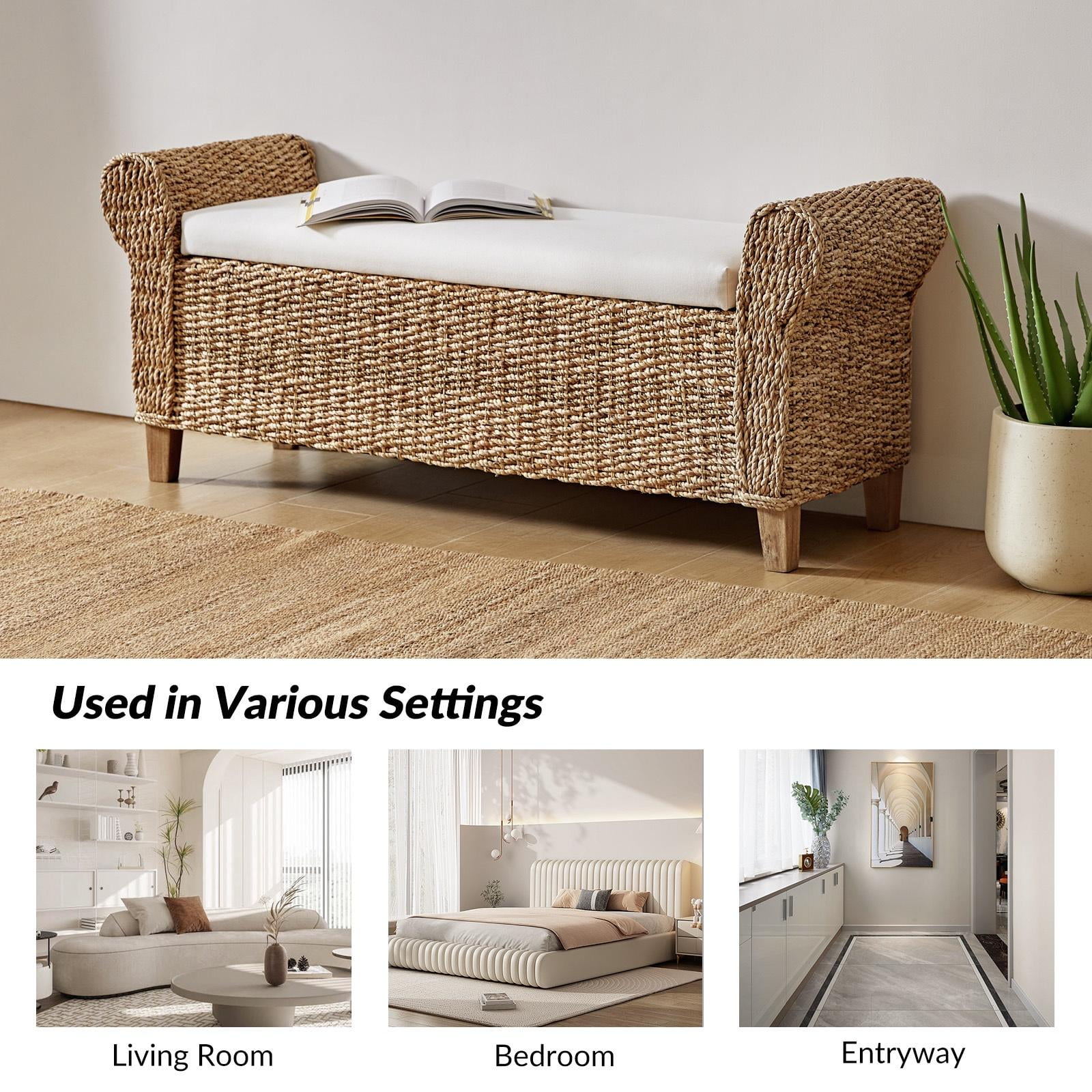 56 Boho Rattan Storage Bench Flip Top Upholstered Bed Foot Stool Roll Arm Solid Wood Legs Hallway End of Bed Natural Walmart Business Supplies