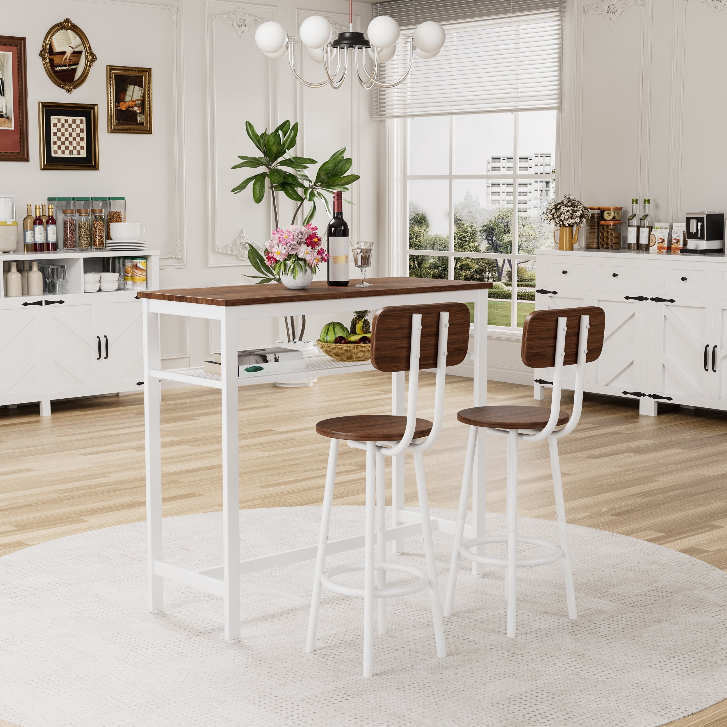 3-Piece Bar Table Set,Bistro Kitchen Table Sets with Metal Frame & Storage Rack,Modern Counter Height Table with 2 Stools for Kitchen, Dining Room, Living Room,