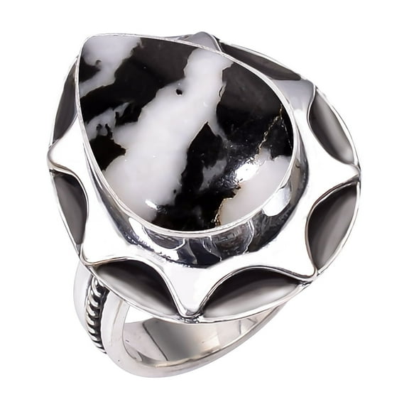 White Buffalo Turquoise - Nevada 925 Sterling Silver Ring, 18X13 mm Pear Gemstone Ring, Black & White Ring, Christmas Gift, Unique Jewelry Ring, Adjus