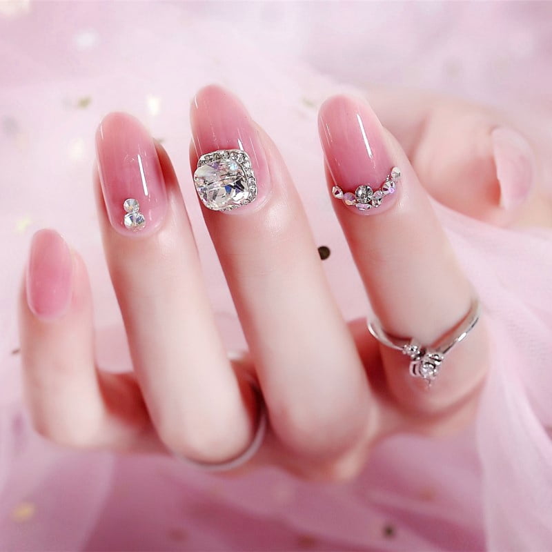 Lady Pink Fake Nails Bride Wear Medium Length Nail Art Carved Diamond Round Fake Nails Bride Accessory 24pcs With Glue Walmart Com walmart