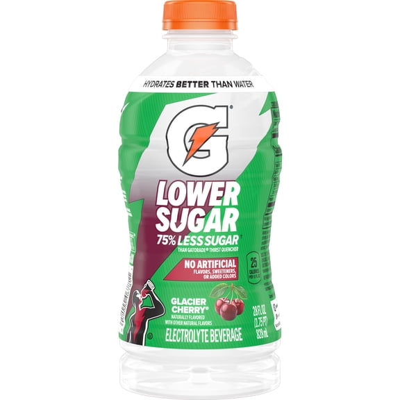Gatorade Lower Sugar, No Artificials Glacier Cherry Flavored Electrolyte Sports Drink, 28 fl oz, 75% Less Sugar, Hydration