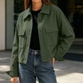thumbnail image 4 of Admvng Women's Cropped Shacket Jacket Lapel Button Down Comfortable Chest PocketCasual Long Sleeve Ladies Coat Outerwear, 4 of 8