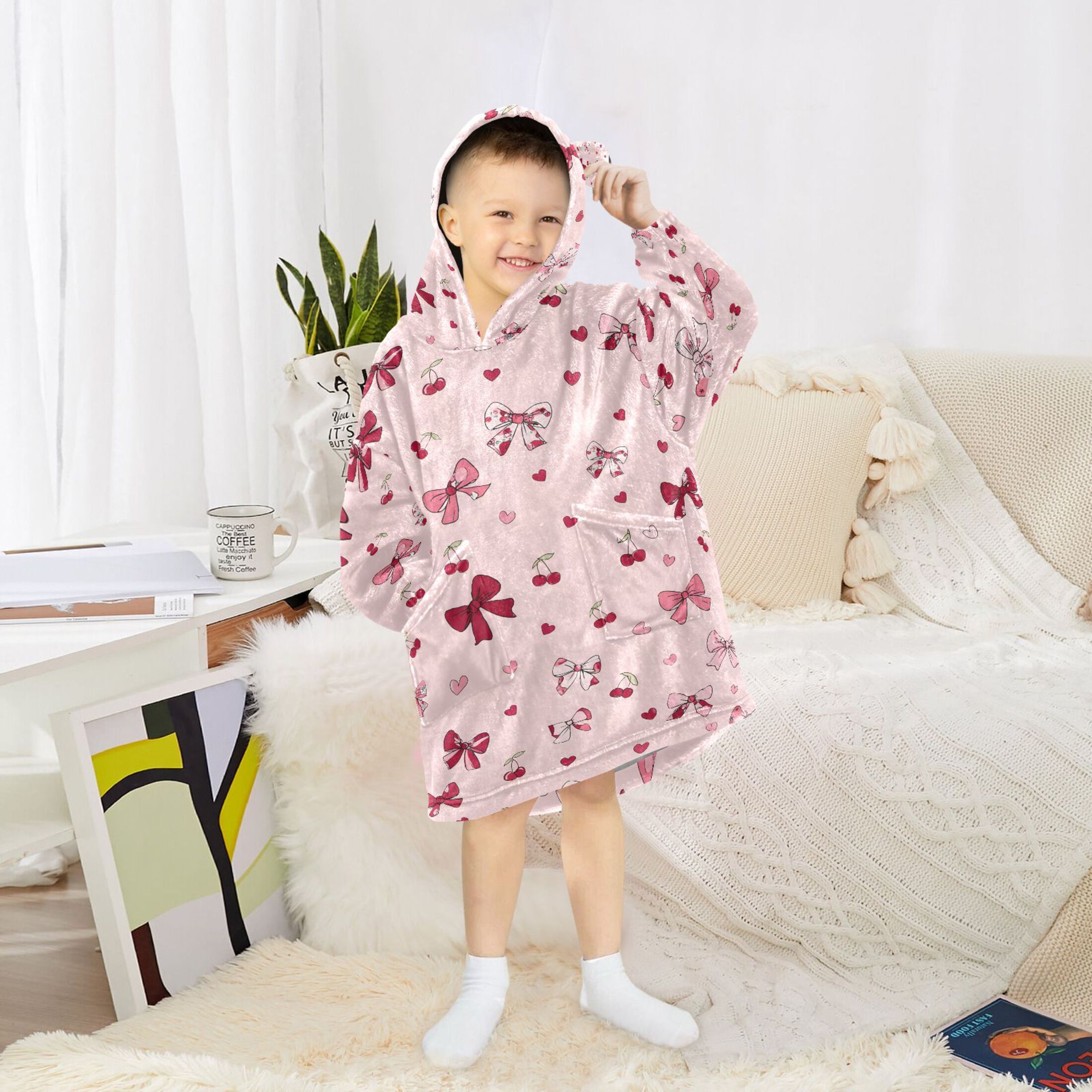 joogoo Wearable Blanket Hoodie for Bows Hearts Cherry Flannel Sherpa Pocket 3-14 YR S