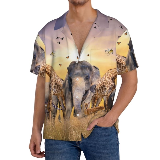 Balery Wildlife Protection Camisa Casual de Manga Corta con Botones para Hombre, Texturizada, Estilo Cubano, para Playa, Verano-Large